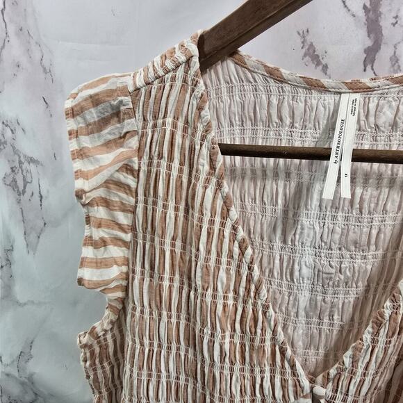 By Anthropologie Dress Womens 1X Pink White Stripe Smocked Midi Flutter - Picture 2 of 12